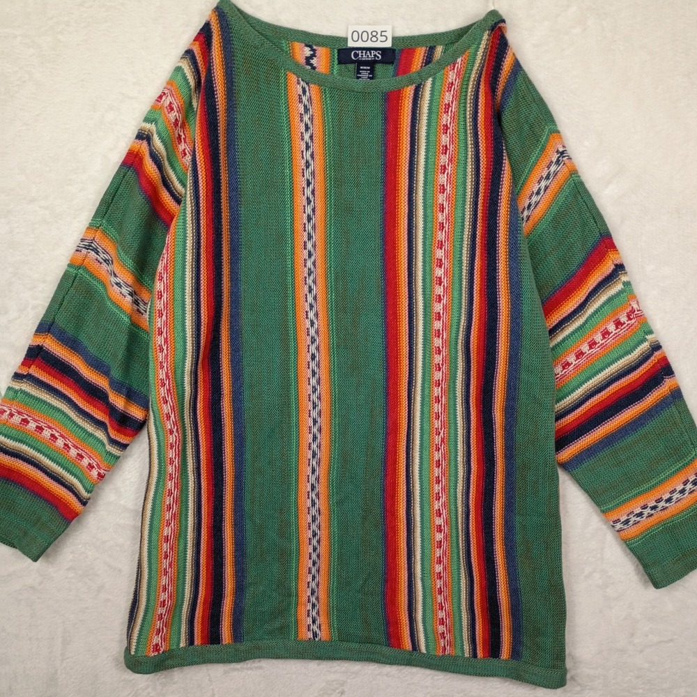 Chaps Denim Mens Green Multi Color Striped Cotton Linen Knit Sweater Medium